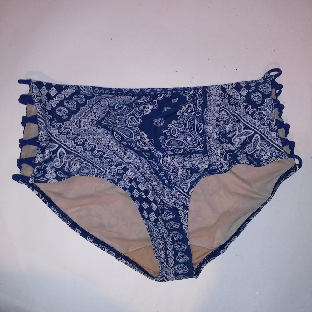 Cacique Swim Bikini Bottom Size 20 Blue White Paisley Cutout Sides High Waist